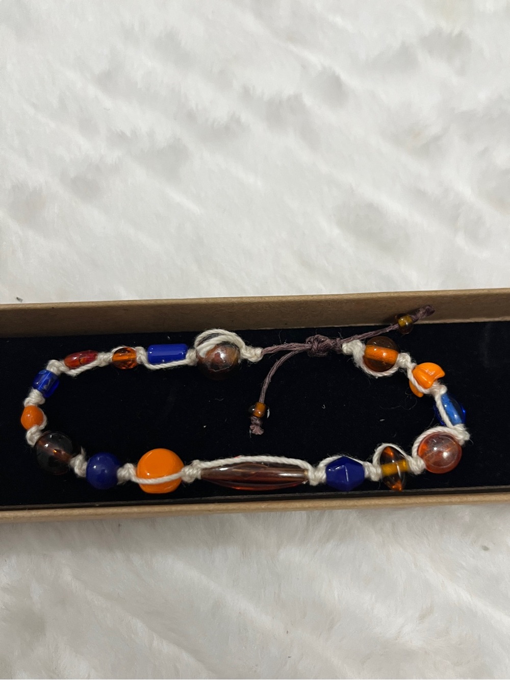 Hand Knotted Beaded Bracelet Orange blue Brown boho waxed cord jewelry gift